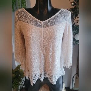 Ella Moss White Lace Cropped Sleeve Top Size S